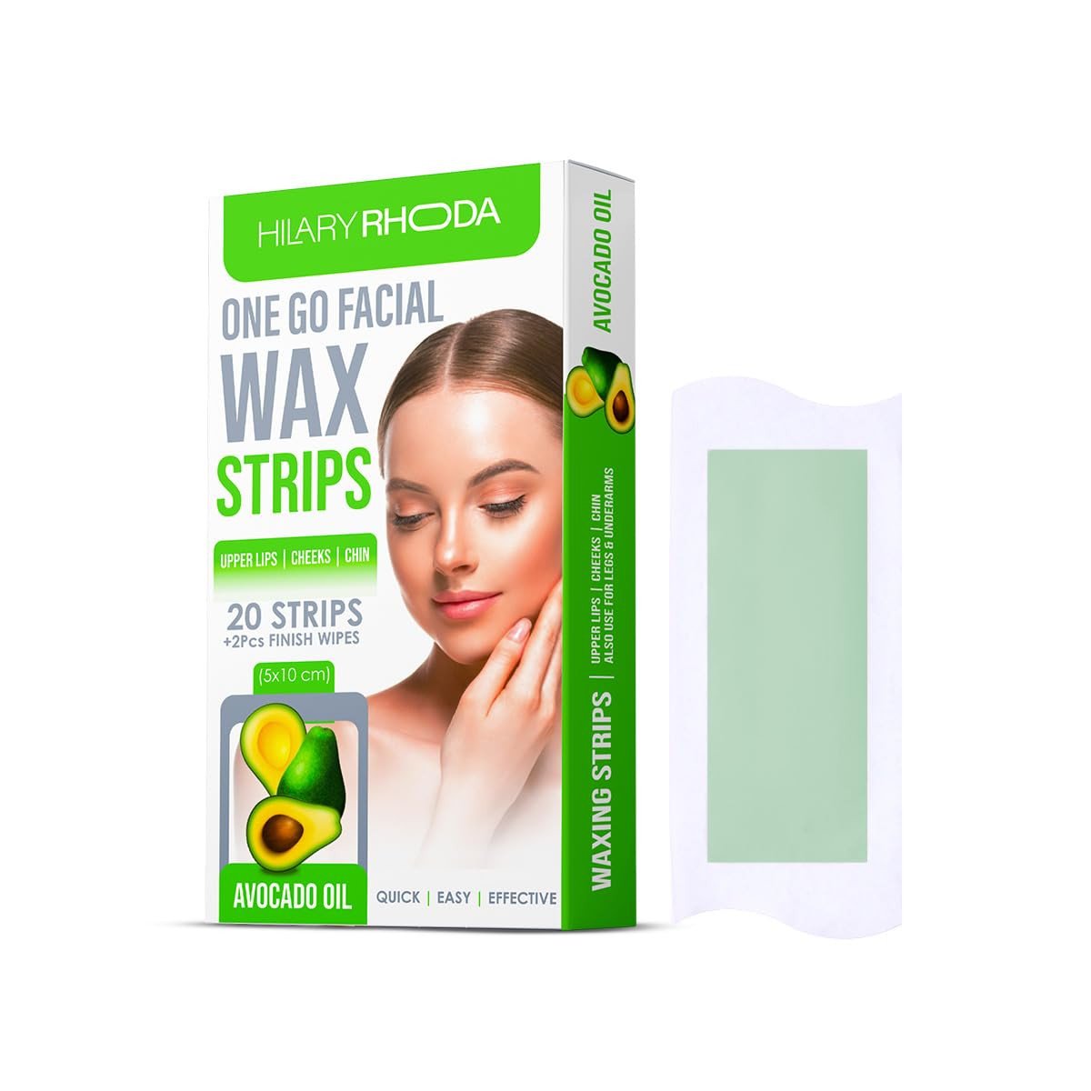 Hilary Rhoda One Go Facial Wax Strips | Ready-To-Use Facial Wax Strips | Face, Cheek, Upper Lip & Chin Facial Wax | Painless Hair Removal | With 2 Finish Wipes | 20 Strips