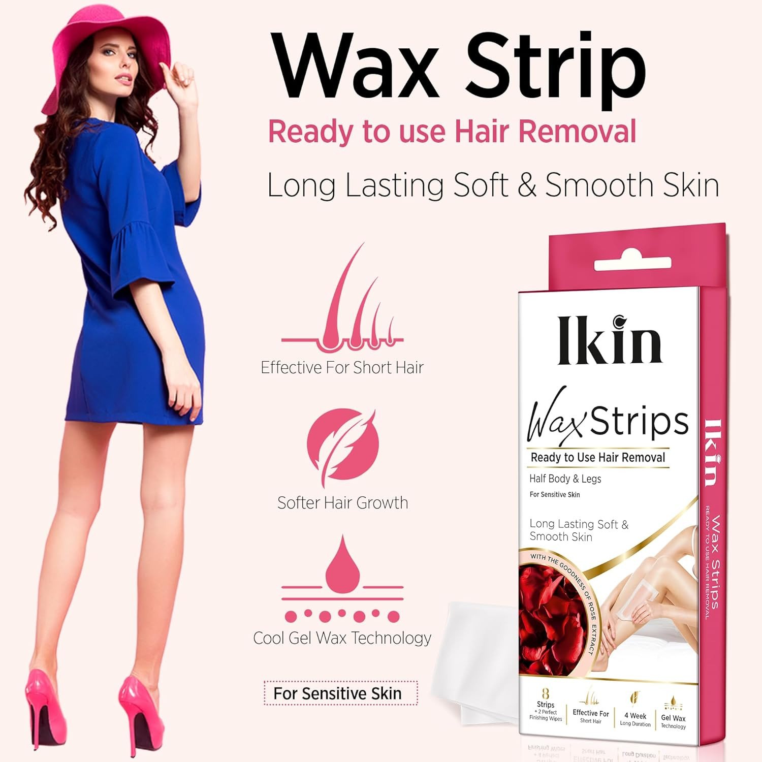 Ikin Instant Wax Strip with Rose Extract For Sensitive Skin (Pack of 2)- 8 strips | Long Lasting Soft & Smooth Skin | Upto 4 Weeks of Smoothness | With 2 Perfect Wet Wipes