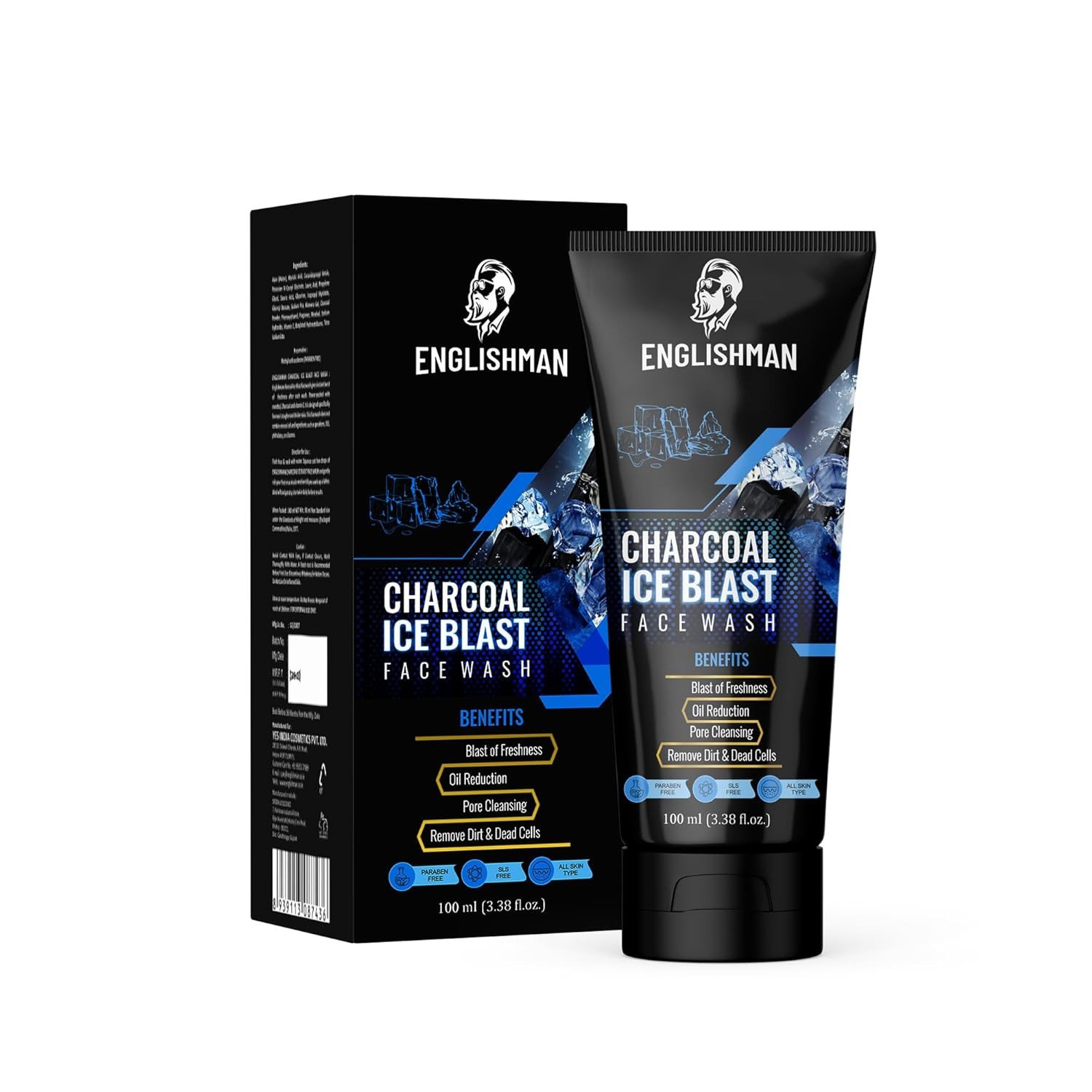 ENGLISHMAN® Charcoal Ice Blast Face Wash | Paraben Free | SLS Free | Blast of Freshness | Oil Reduction | Pore Cleansing | Remove Dirt & Dead Cells | All Skin Type| Face Wash for Men 100ML