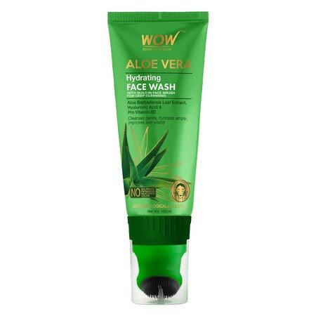 WOW Skin Science Aloe Vera With Hyaluronic Acid and Pro Vitamin B5 Hydrating Gentle Face Wash GEL with Built-In Face Brush for gentle cleansing - No Parabens, Silicones & Color - 100 mL Tube