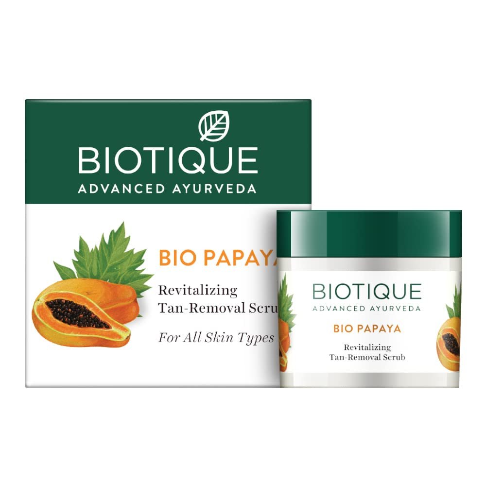 Biotique Papaya Tan Removal Brightening & Revitalizing Face Scrub | Gentle Exfoliation | Smooth and Clear Complexation | 100% Botanical Extracts| Suitable for All Skin Types | 75g