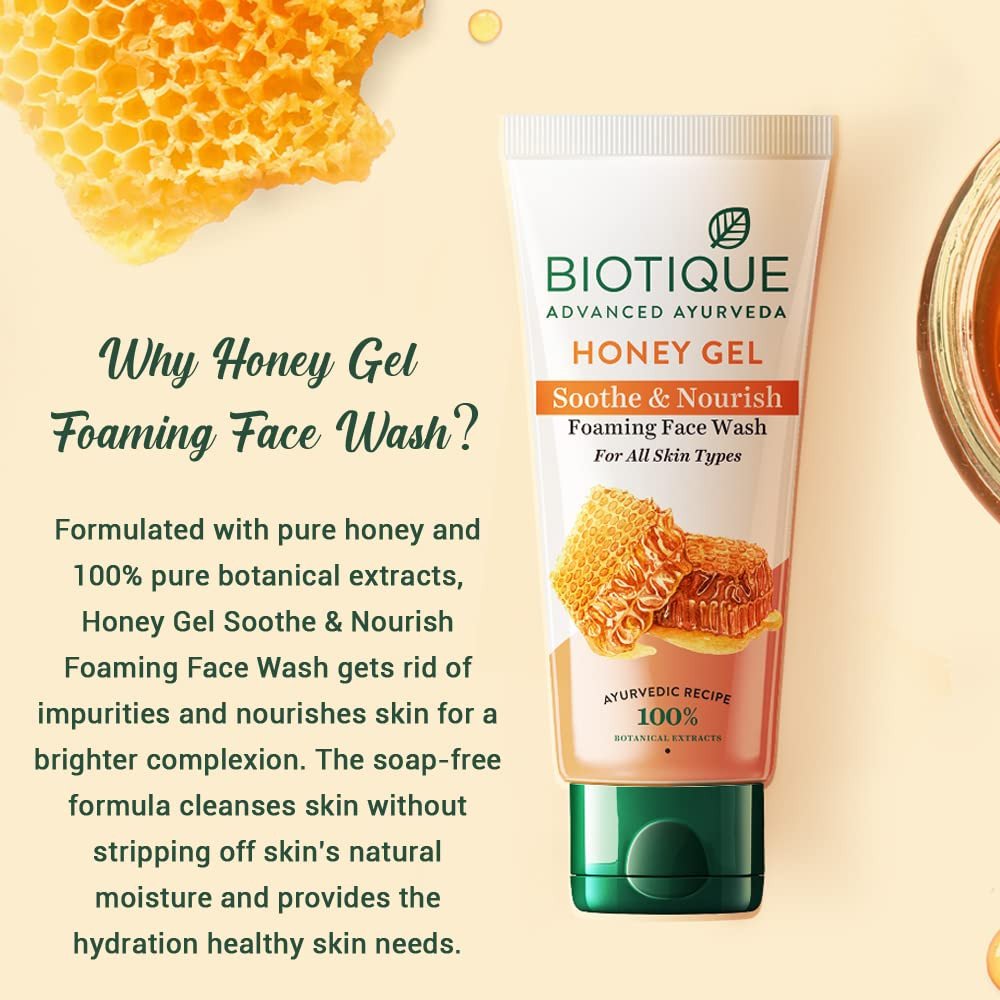 Biotique Honey Gel Soothe & Nourish Foaming Face wash | Soap Free Formula | Reduce Dryness | 100% Botanical Extracts | Suitable for All Skin Types