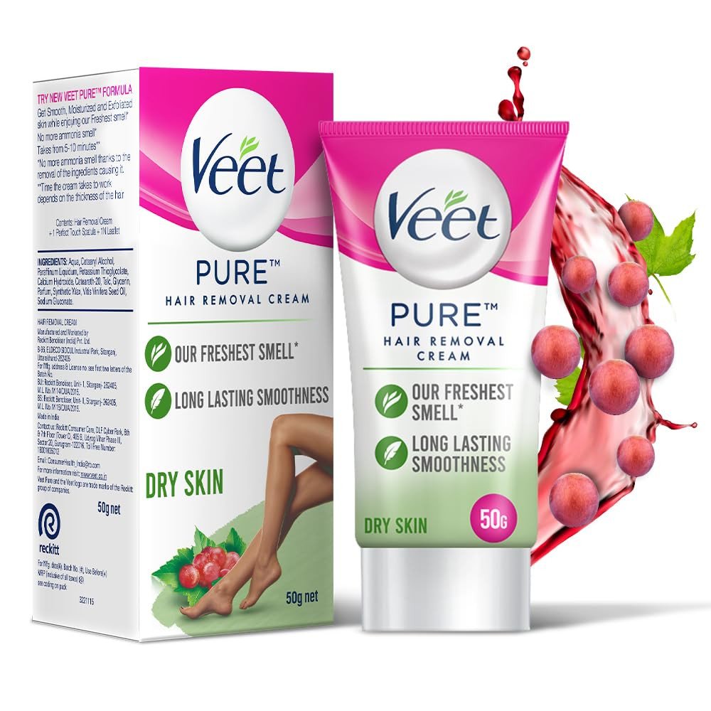 Veet Pure Hair Removal Cream for Women With No Ammonia Smell, Dry Skin - 50g | Suitable for Legs, Underarms, Bikini Line, Arms | 2x Longer Lasting Smoothness than Razors