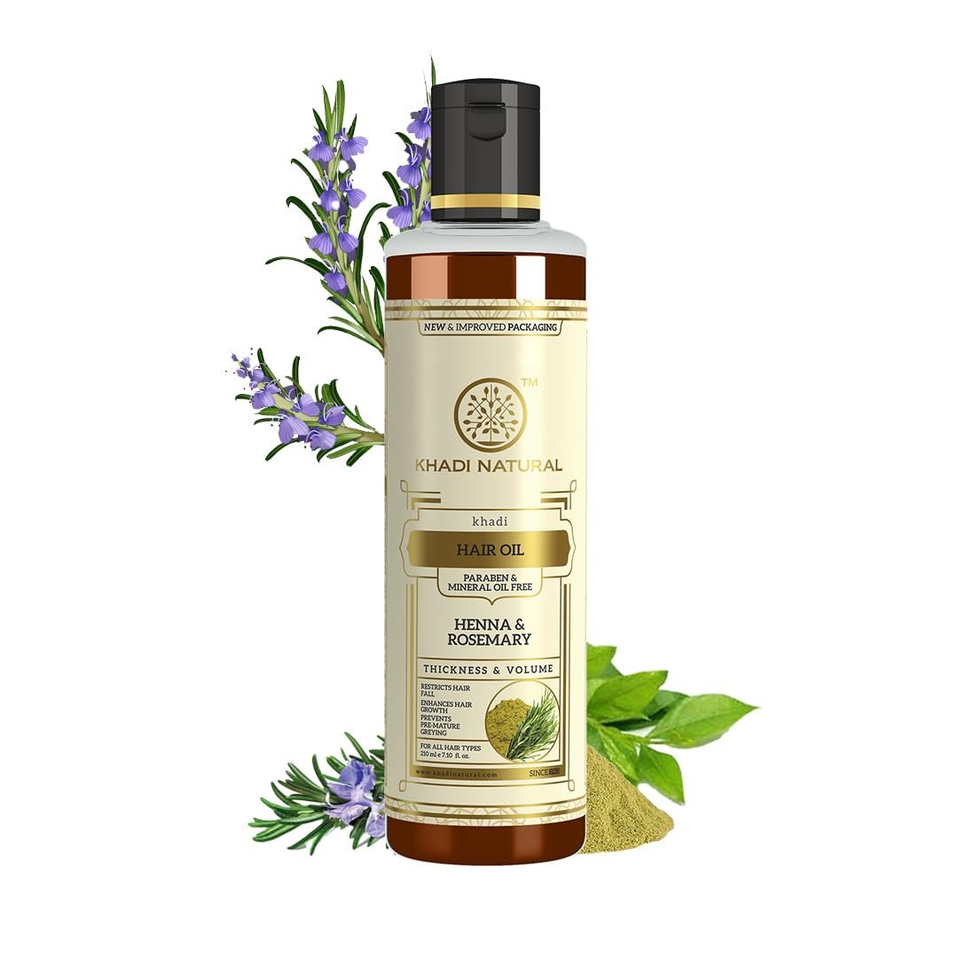 Khadi Natural Rosemary & Henna Hair Oil, Natural Oil For Thick & Voluminous Hair Oil For Controlling Hair Fall & Premature Greying, Paraben & Mineral Oil Free, Suitable For All Hair Types, 210ml