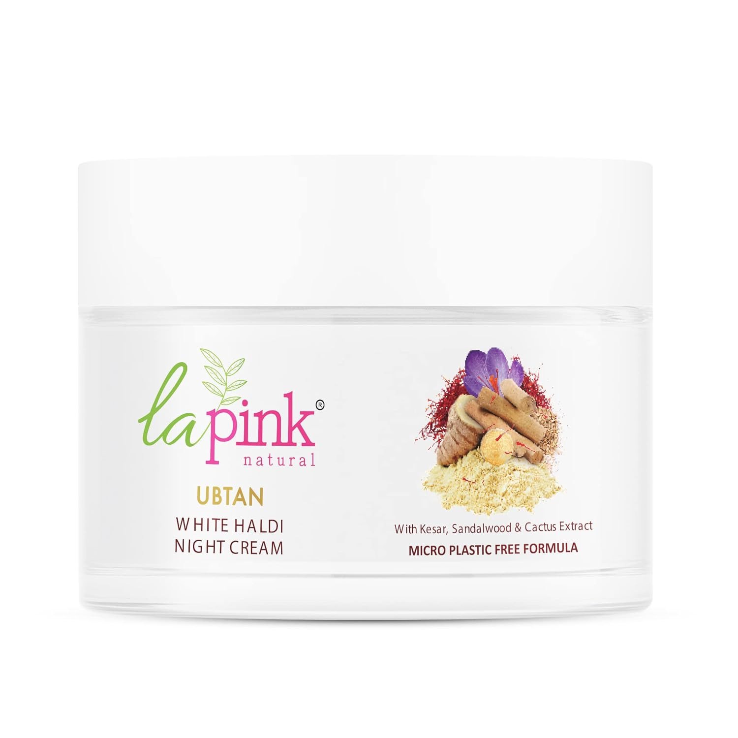 La Pink Ubtan White Haldi Night Cream | 100% Microplastic Free Formula | Removes Tan | Kesar, Sandalwood & Cactus Flower | All Skin Types | 50g