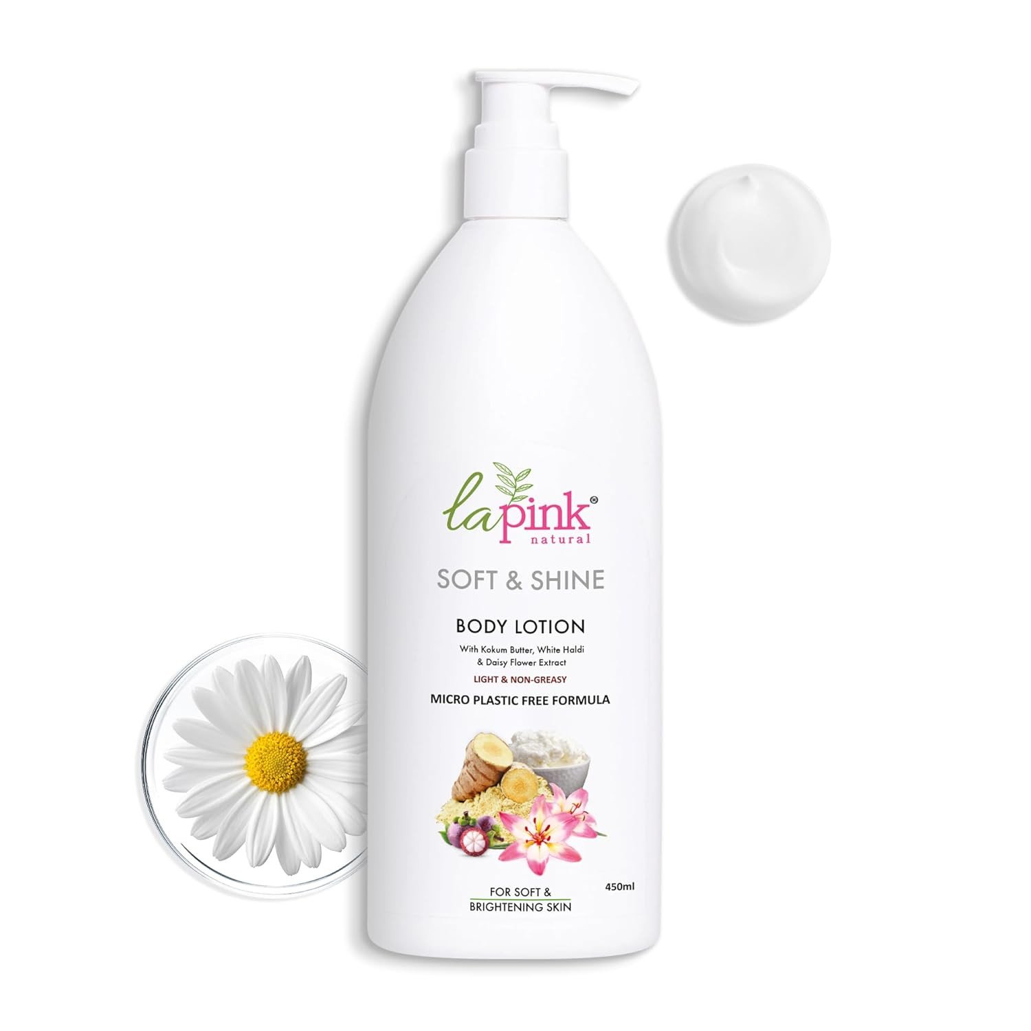 La Pink Young Forever Soft & Shine Body Lotion | 100% Microplastic Free Formula | Reduces Fine Lines, Pigmentation, Dark Spots | White Haldi | Moisturizer for All Skin Types | 450ml