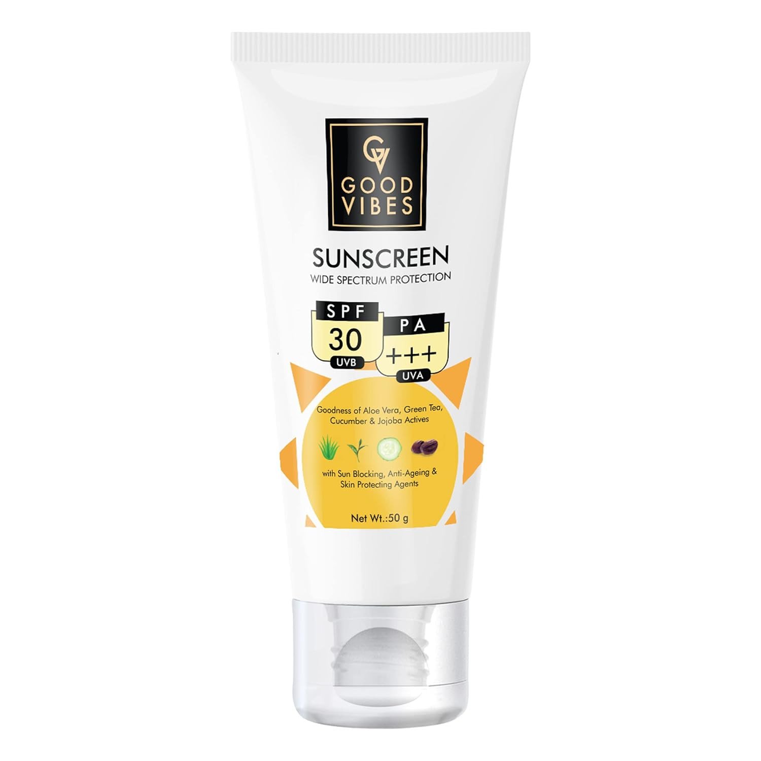 Good Vibes Wide Spectrum Protection Sunscreen With SPF 30 (50 g)| Sun Protection For All Skin Types | Lightweight, Non-Greasy, Anti-Ageing | With Aloe Vera | No Parabens