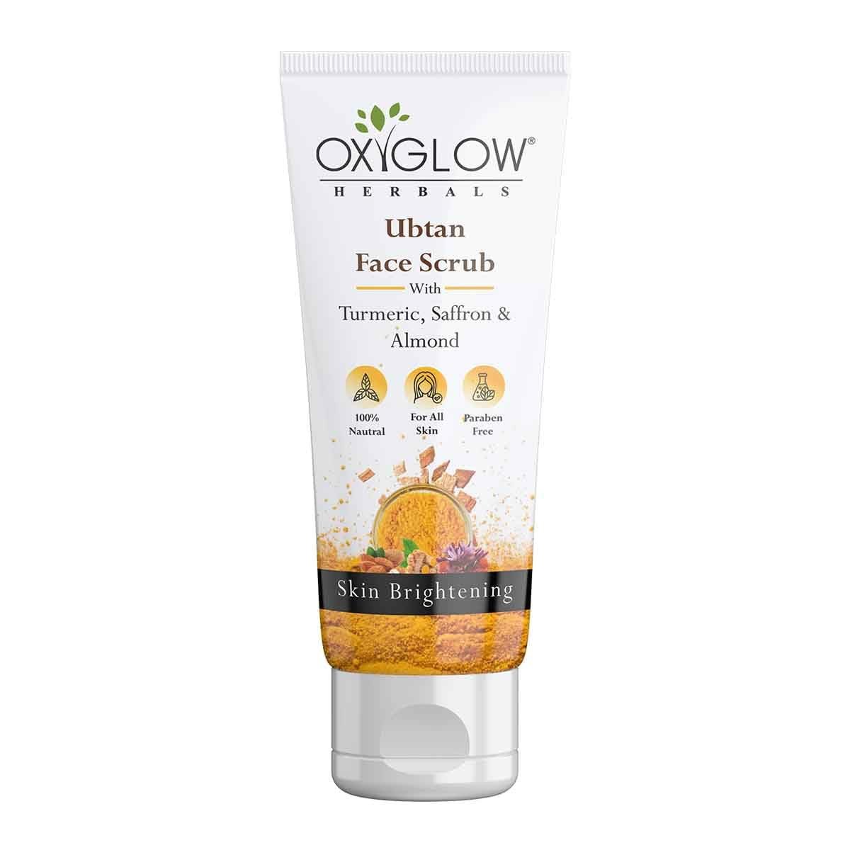 OxyGlow Herbals Ubtan Scrub 100g Turmeric,saffron,Almond, Nourishes Skin,Reduces Acne,Soften Skin Turmeric, Sandalwood and Rose Water | Glowing Skin |Reducing Dark Spots | Paraben free, Mineral Oil