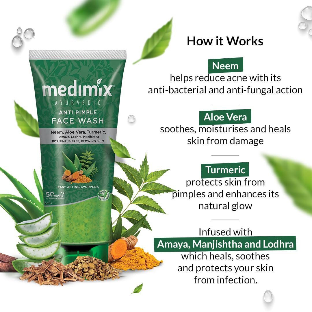 Medimix Ayurvedic Anti Pimple Face Wash | With Neem, Aloe Vera, and Turmeric | Helps reduce & prevent pimples | Natural | Herbal | Paraben-free | Soap-free | SLES-Free 50ml