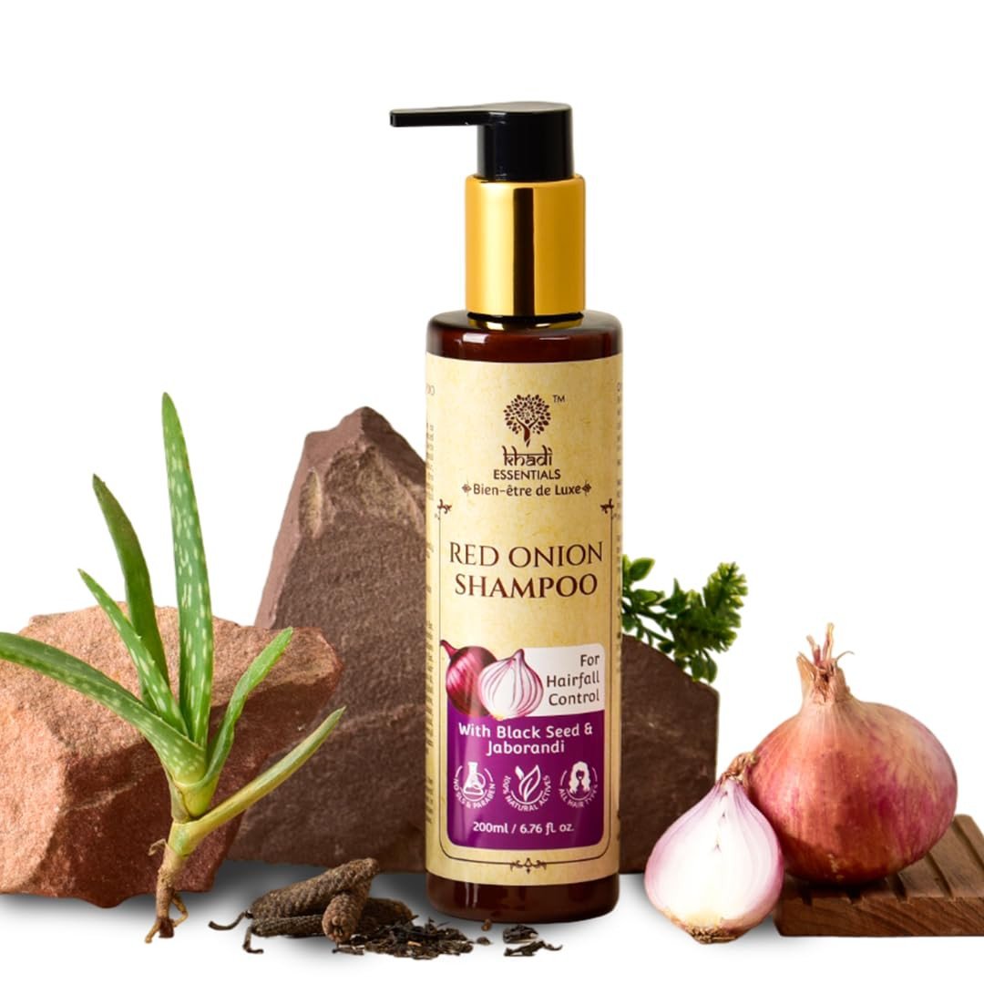 Khadi Essentials Luxurious Black Seed Oil & Red Onion Hair Shampoo 200ml - For Hairfall Control, Hair Growth with Jaborandi Oil, Vitamin E Oil SLS & Parabens Free