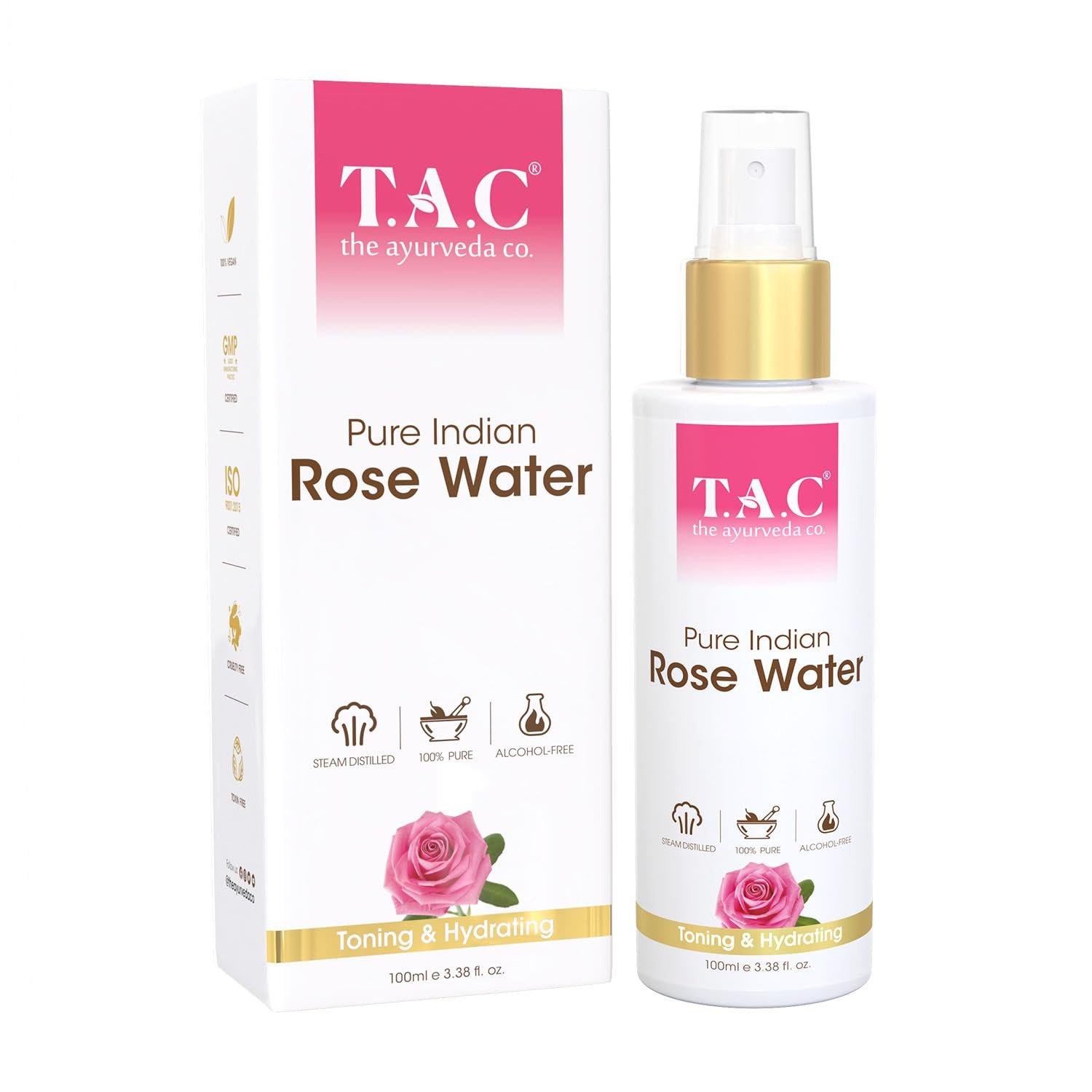 T.A.C Pure Indian Rose Water For for Hydration & Glowing Skin, Alcohol Free, 100% Ayurvedic for Women & Men, All Skin Types, 100ml