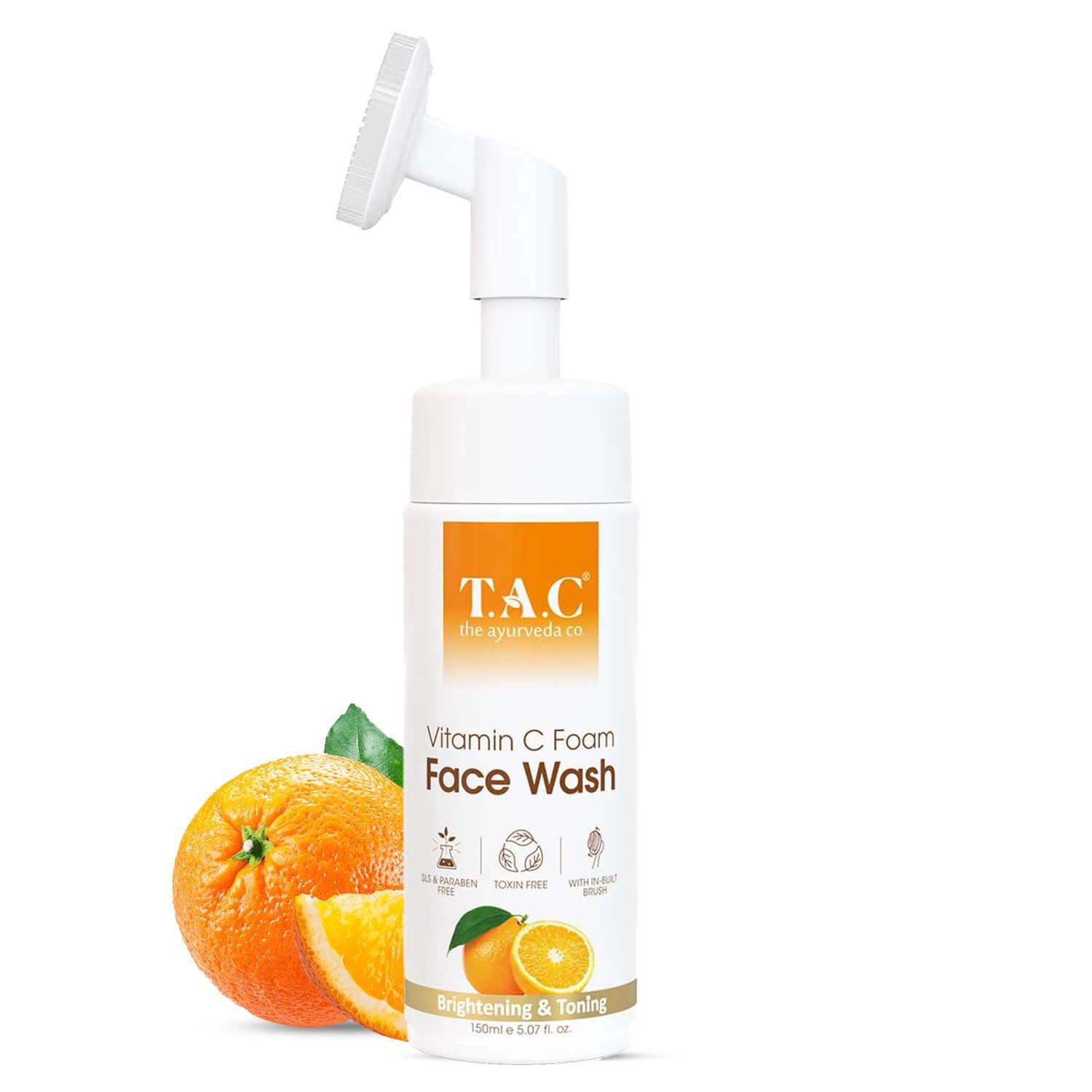 TAC - The Ayurveda Co. Vitamin C Foaming Face Wash with Silicone Cleanser Brush with Vitamin E & Hyaluronic Acid for Toning and Anti-Aging - Sulphate and Paraben Free - 150Ml