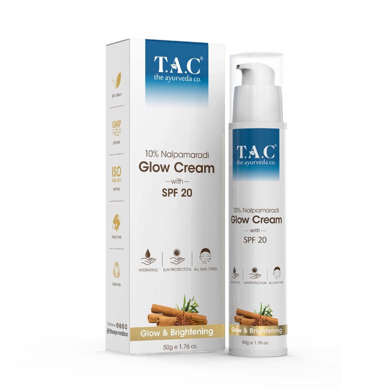 TAC 10% Nalpamaradi Glow Cream with SPF 20 - Skin Brightening, Detan, & Anti-Pientation Formula - Non-Sticky Day Cream for Women & Men, Suitable for All Skin Types - 50g