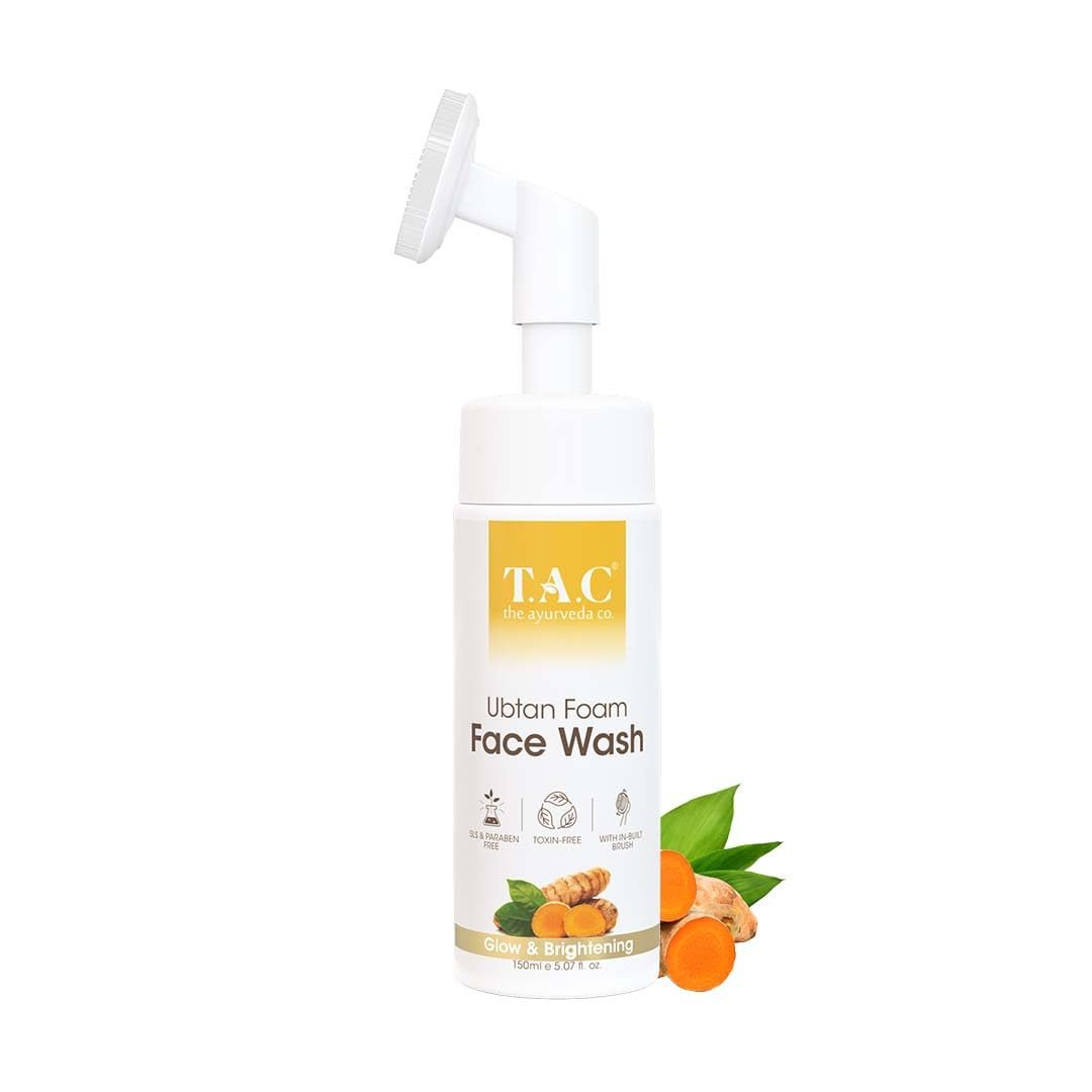 TAC - The Ayurveda Co. Ubtan Foaming Face Wash With Saffron and Soapnut With Inbuilt Deep Brush for Deep Cleansing - For all Skin Types - Free from Sulphates and Parabens - 150Ml