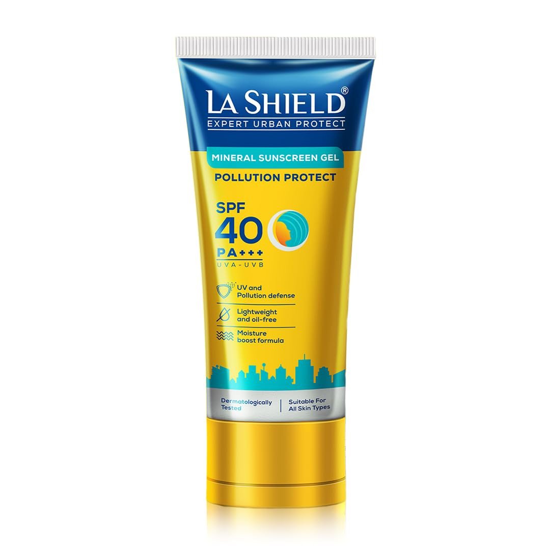 La Shield Pollution Protect SPF 40 Mineral Sunscreen Gel | PA+++ | Lightweight & Oil free | Moisture boost formula | Water resistant | All Skin types |Dermatologist Tested | 50g