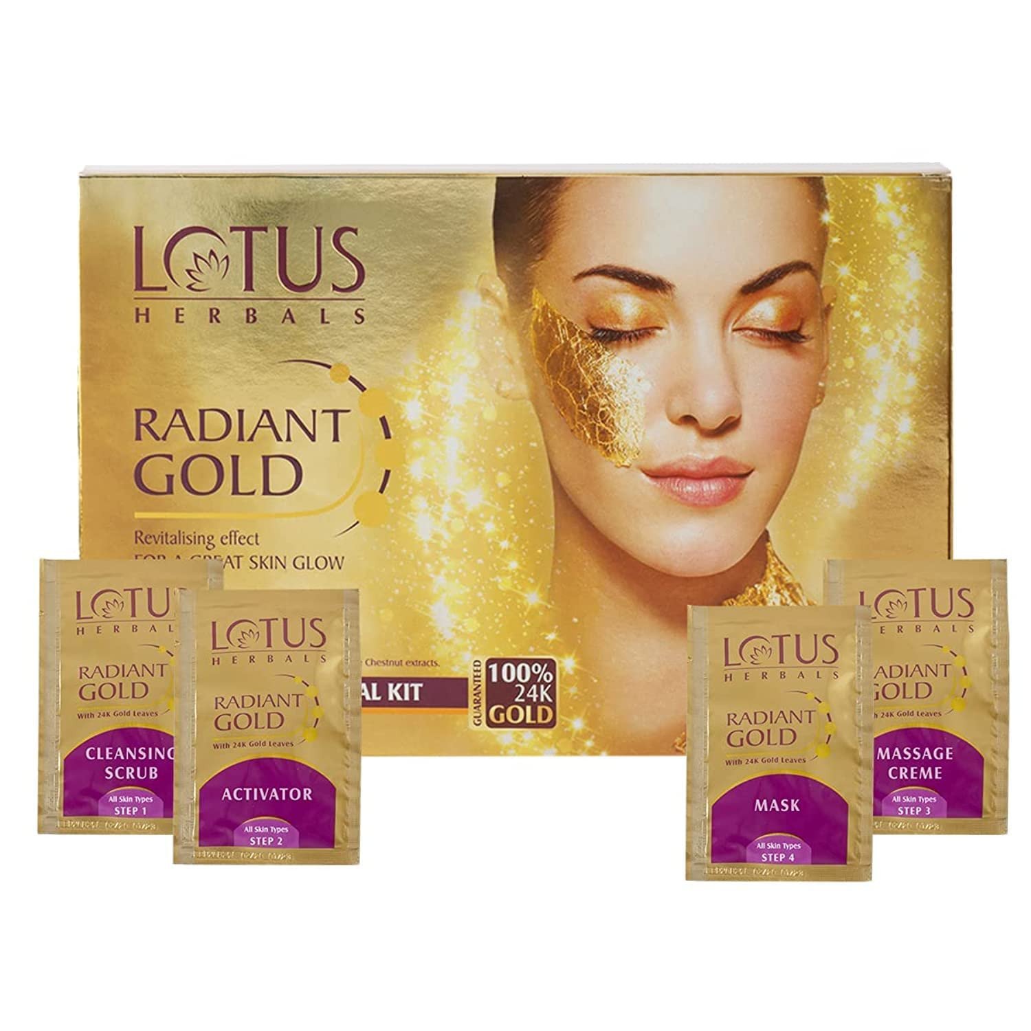 Lotus Herbals Radiant Gold Cellular Glow 1 Facial Kit | With 24K Gold leaves | For Skin Glow | All Skin Types | 37g