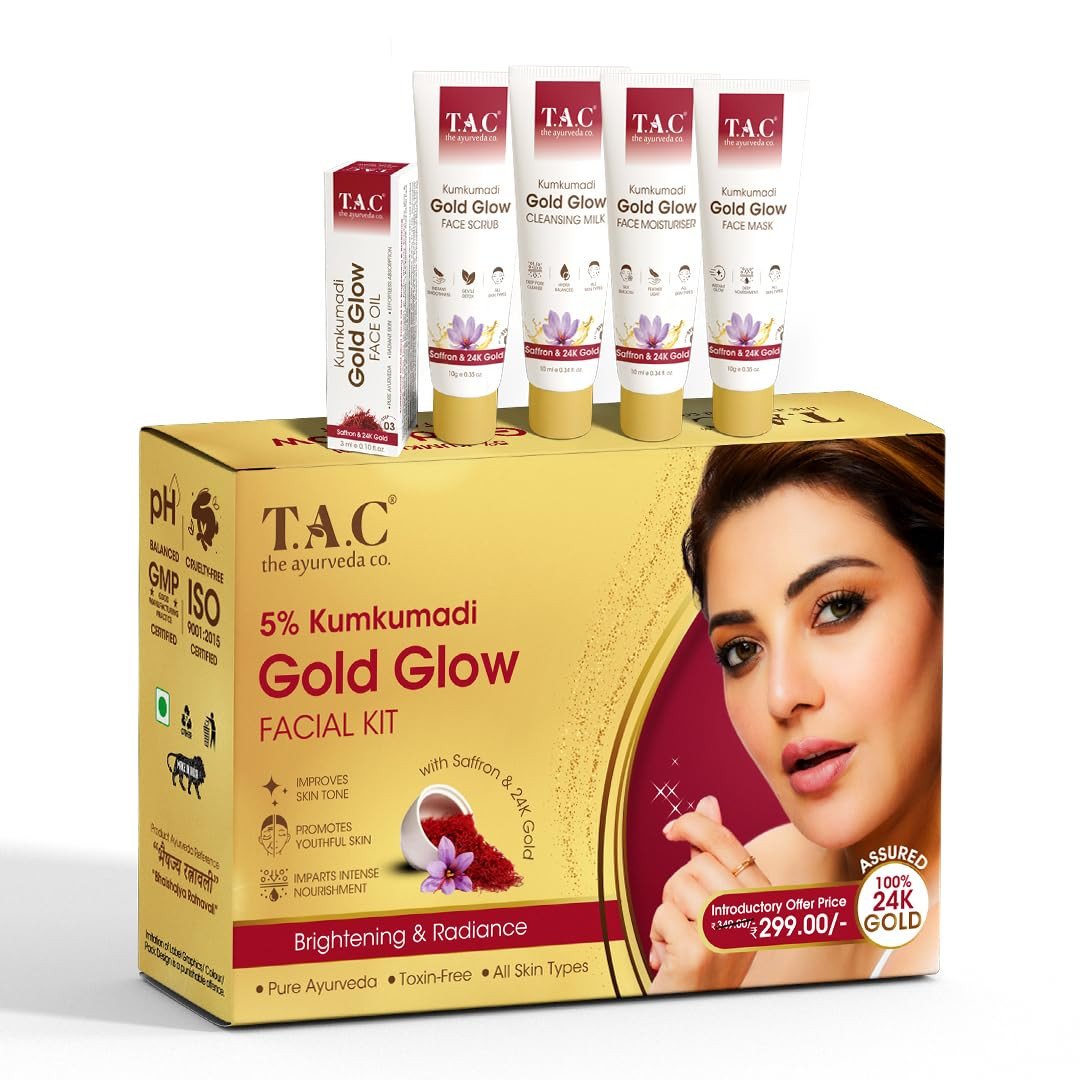 TAC Kumkumadi Gold Glow Facial Kit - Complete Face Care with Cleansing Milk, Face Scrub, Oil, Moisturizer, and Ayurvedic Mask for Women & Men - Natural Skin Glow