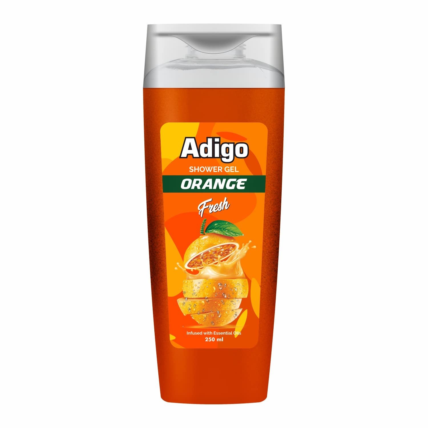 Adigo Shower Gel | Body Wash, Infusion of Essential Oils & Gentle Exfoliating Beads | Moisturizing Formula & Odor Control | 250ml (Orange)