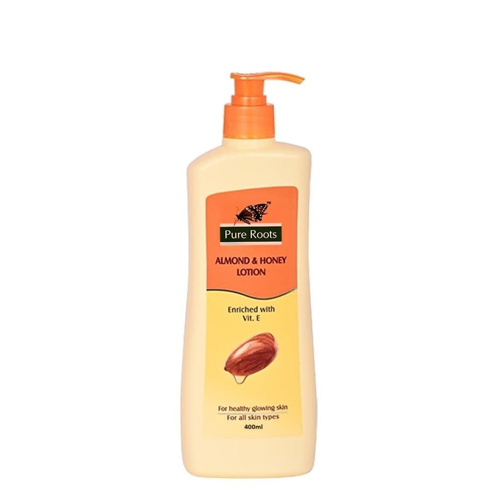 Pure roots Almond and Honey Lotion 400ml Enriched with Vitamin E for Healthy Glowing Skin | pH Balanced with Herbal Actives | Free from Harmful Chemicals