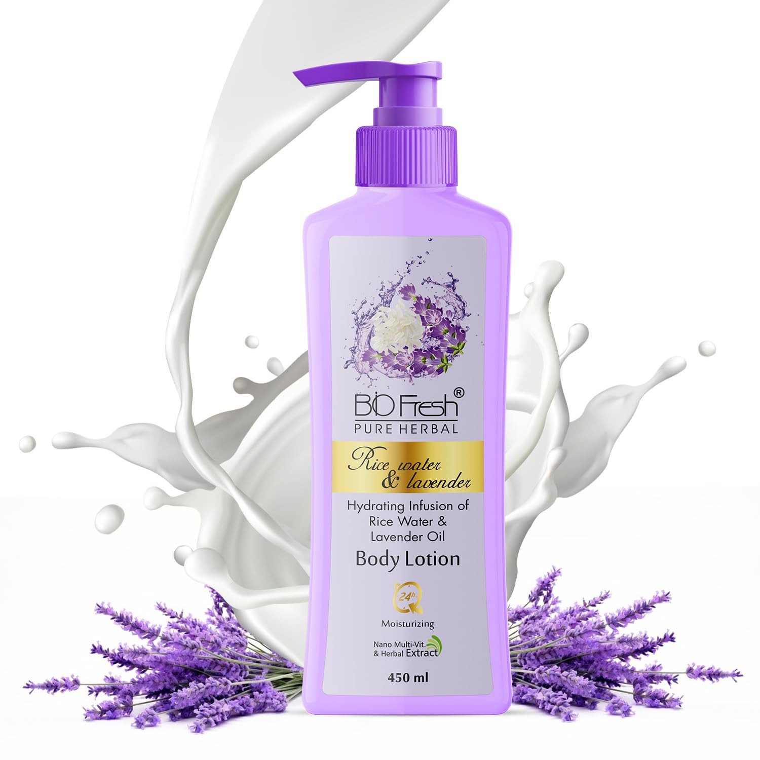 BIOFRESH HERBALS 24-Hour Moisturizing Rice Water & Lavender Non-Sticky Body Lotion Skin Hydrating Body Lotion Non-Greasy Body Cream for Smooth Brightening Skin (450ml)