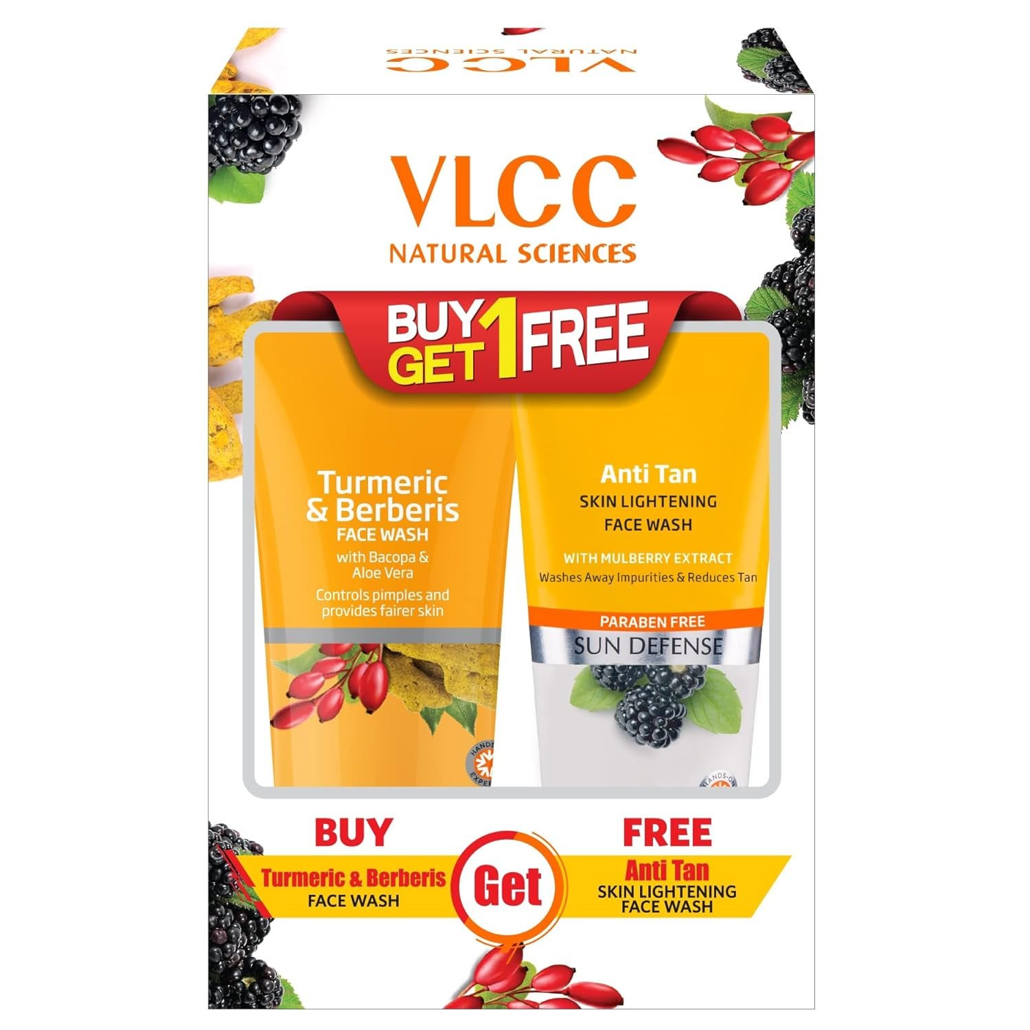 VLCC Turmeric & Berberis Face Wash + Anti Tan Skin Lightening Face Wash -150ml X 2 - Buy One Get One - with Turmeric & Berberis, Mulberry Extract, and Orange Peel Extract