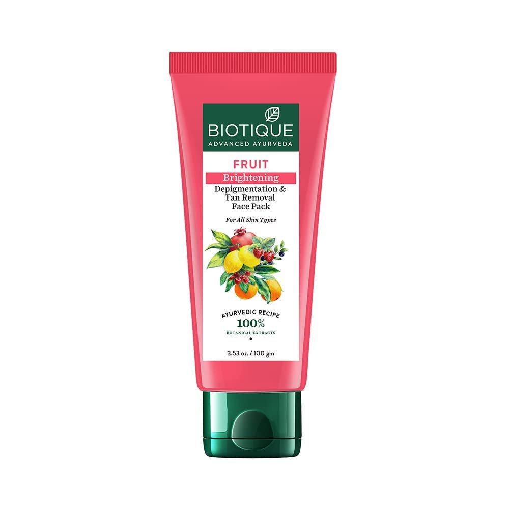 Biotique Fruit Brightening Depigmentation and Tan Removal Face Pack| Ayurvedic and Organically Pure| Tan Removal Face Pack for All Skin Types|100% Botanical Extracts| 100gm