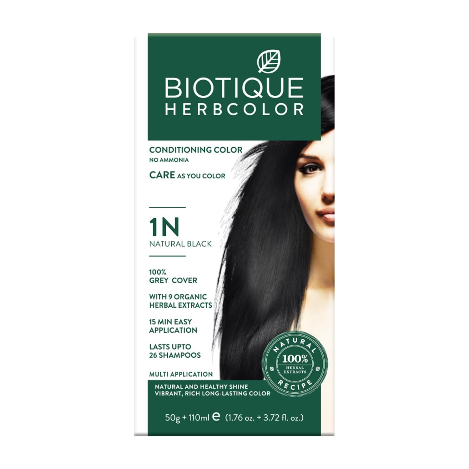 Biotique Herbcolor Conditioning Hair Colour l Ammonia Free Hair Color l 9 Organic Herbal Extracts l Natural and Healthy Shine l 50g + 110ml| Natural Black 1N (Pack of 1)