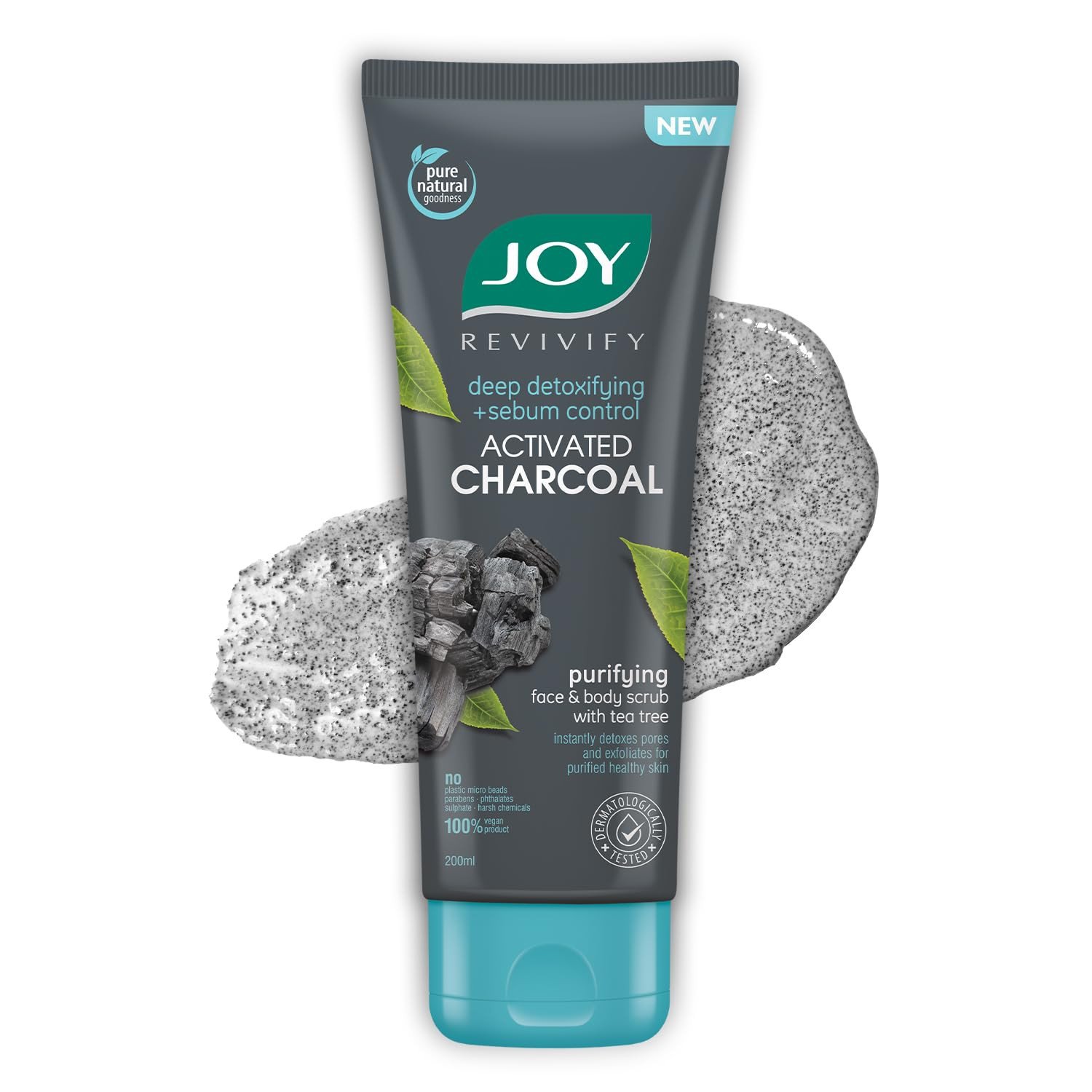 Joy Exfoliating Charcoal Face Scrub for Men & Women (200ml) | Oil Control Scrub For Face with Tea Tree | Detoxifies & Purifies All Skin Types | 100% Vegan; Gentle on Skin