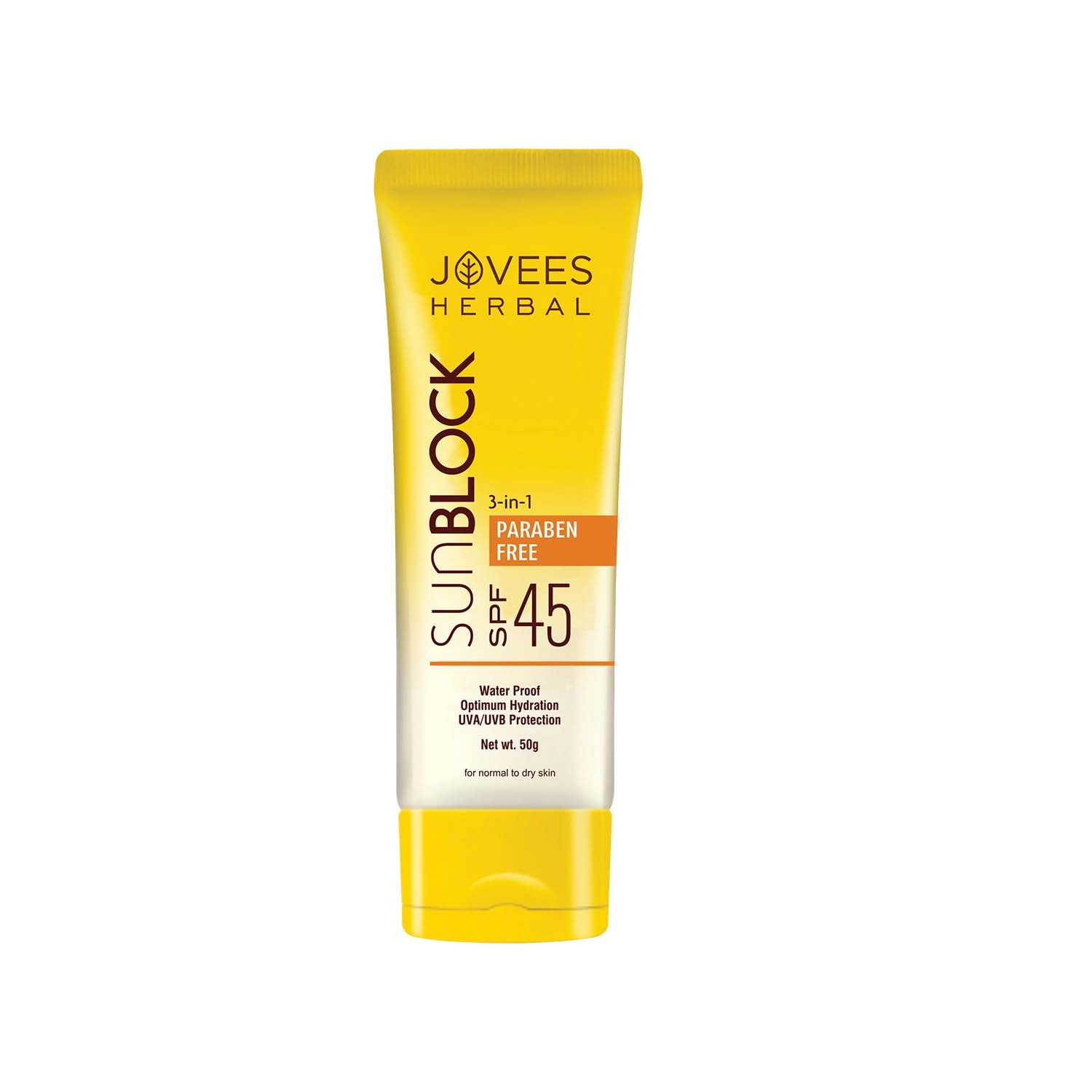 Jovees Herbal Sun Block Sunscreen SPF 45 | For Dry Skin | Lightweight And Water Proof | UVA/UVB Protection, Moisturization | For Women/Men