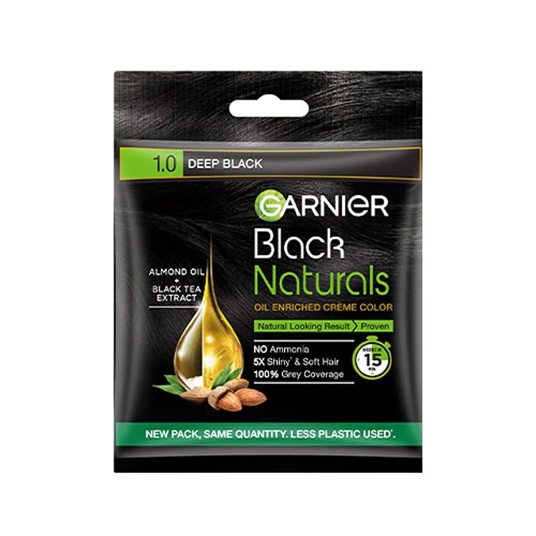 Garnier, Hair Colouring Crème, 100% Grey Coverage, Softening and Increased Shine, Black Naturals, 1.0 Deep Black, 20g + 20ml