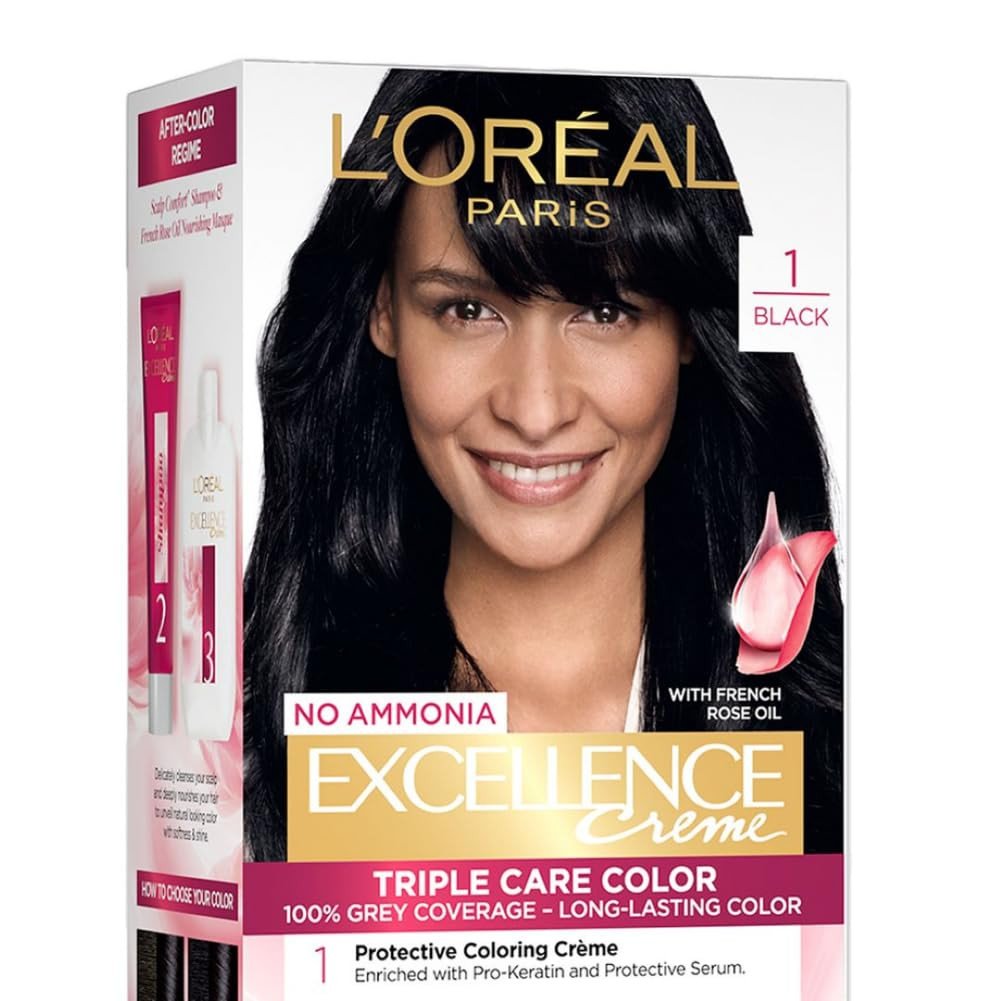 L'Oréal Paris Permanent Hair Colour, Radiant At-Home Hair Colour with up to 100% Grey Coverage, Pro-Keratin, Up to 8 Weeks of Colour, Excellence Crème, 1 Black, 72ml+100g