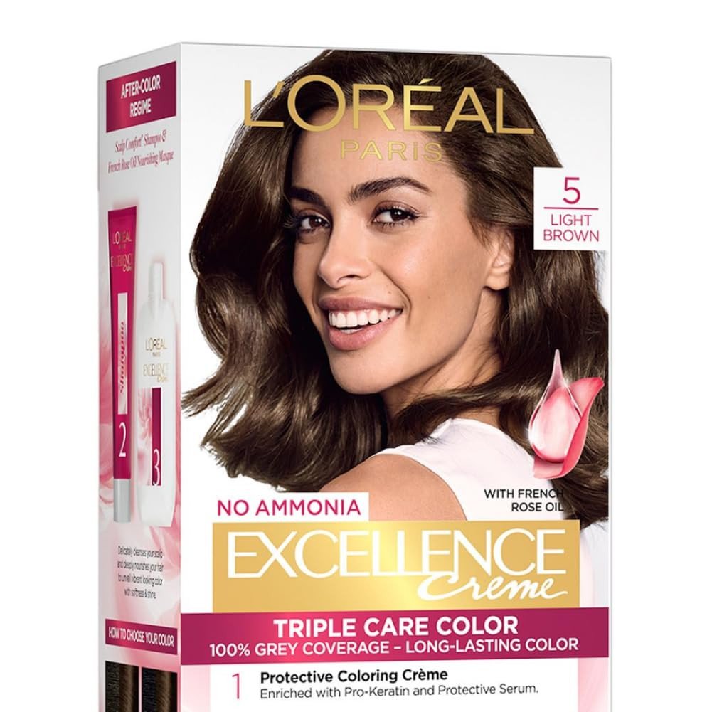 L'Oréal Paris Permanent Hair Colour, Radiant At-Home Hair Colour with up to 100% Grey Coverage, Pro-Keratin, Up to 8 Weeks of Colour, Excellence Crème, 5 Light Brown, 72ml+100g