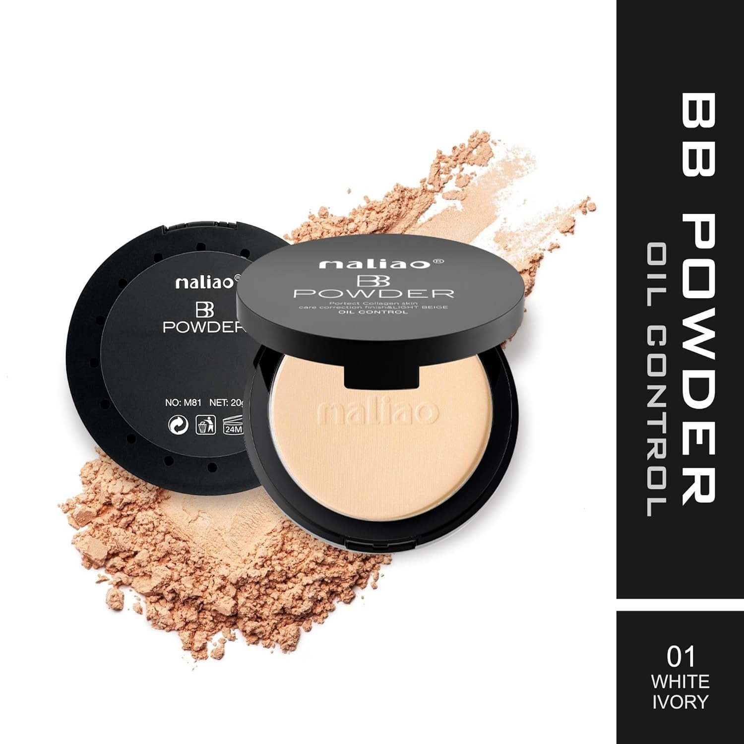 Maliao BB Powder Oil Control - Protect Collagen, Skin Care Correction Finish, Light Beige