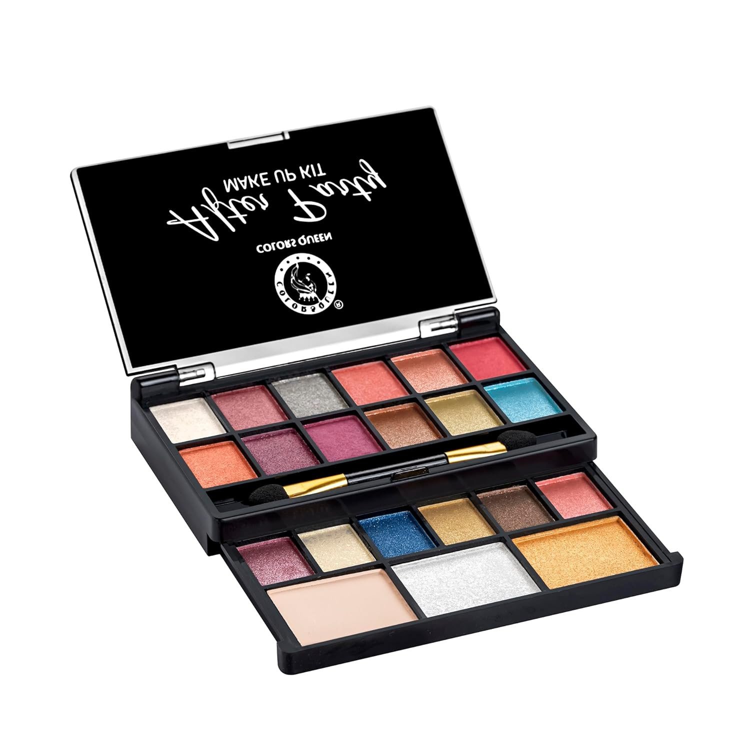 Colors Queen After Party Makeup Kit with 18 Shimmery Eyeshadows, 2 Compact Powder, 1 Highlighter& 1 Applicator | Long Wearing, Easily Blendable Makeup Kit for Women