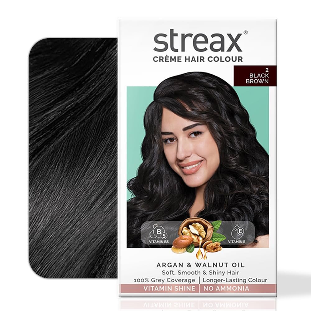 Streax Permanent Hair Colour, 100 % Grey coverage, Infused with Argan and Walnut Oil, Long Lasting Cream Hair Colour for Women, Brown Hair Colour, 2 Black Brown