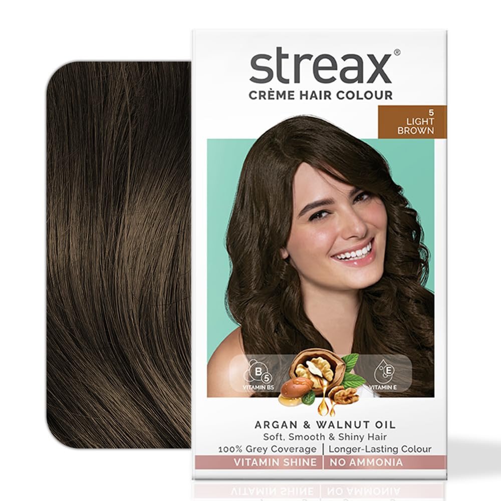 Streax Permanent Hair Colour, 100% Grey coverage, Infused with Argan and Walnut Oil, Long Lasting Cream Hair Colour for Women, Brown Hair Colour, 5 Light Brown