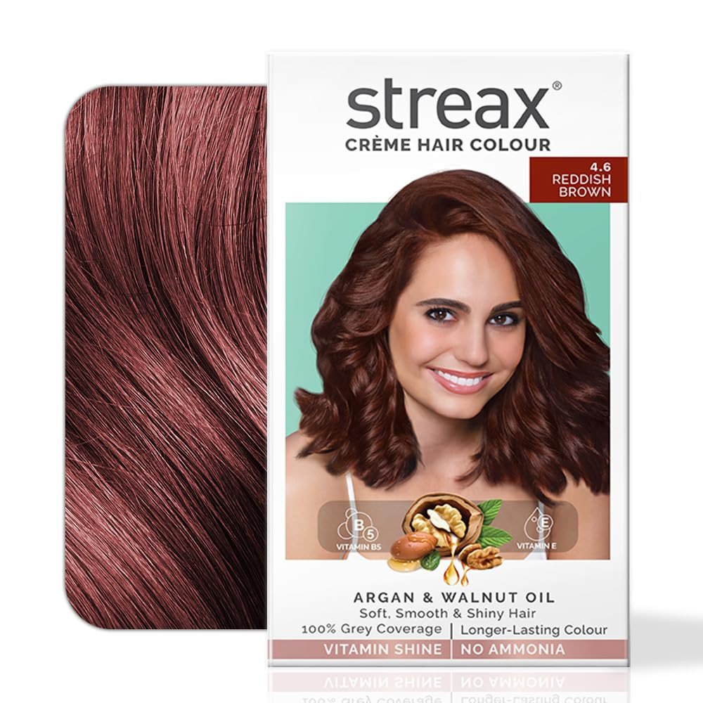 Streax Permanent Hair Colour, 100% Grey coverage, Infused with Argan and Walnut Oil, Long Lasting Cream Hair Colour for Women, Red Hair Colour, 4.6 Reddish Brown