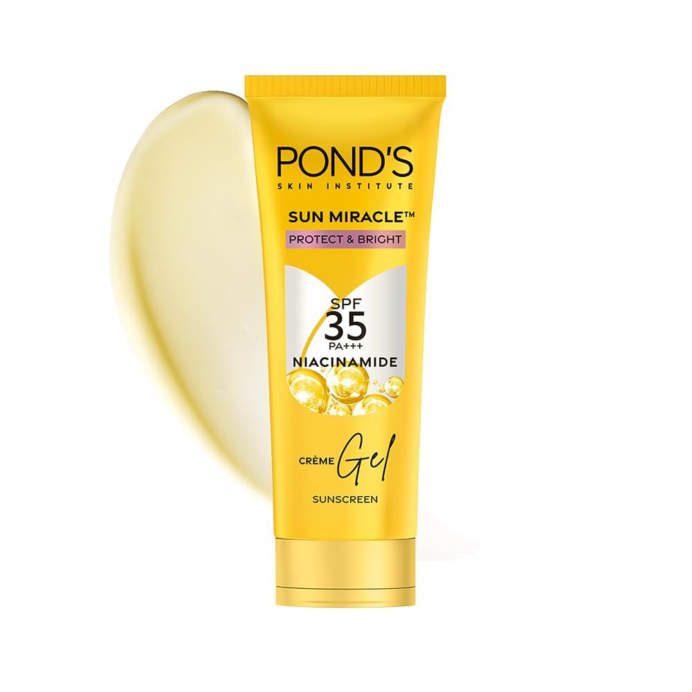 POND'S Sun Miracle Spf 35 Pa+++ Crème Gel Sunscreen For All Skin Types - Protect & Bright, With Niacinamide, Prevent & Fade Dark Patches, Lightweight, No White Cast 50G