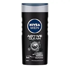 NIVEA Men Body Wash, Active Clean with Active Charcoal, Shower Gel for Body, Face & Hair, 250 ml