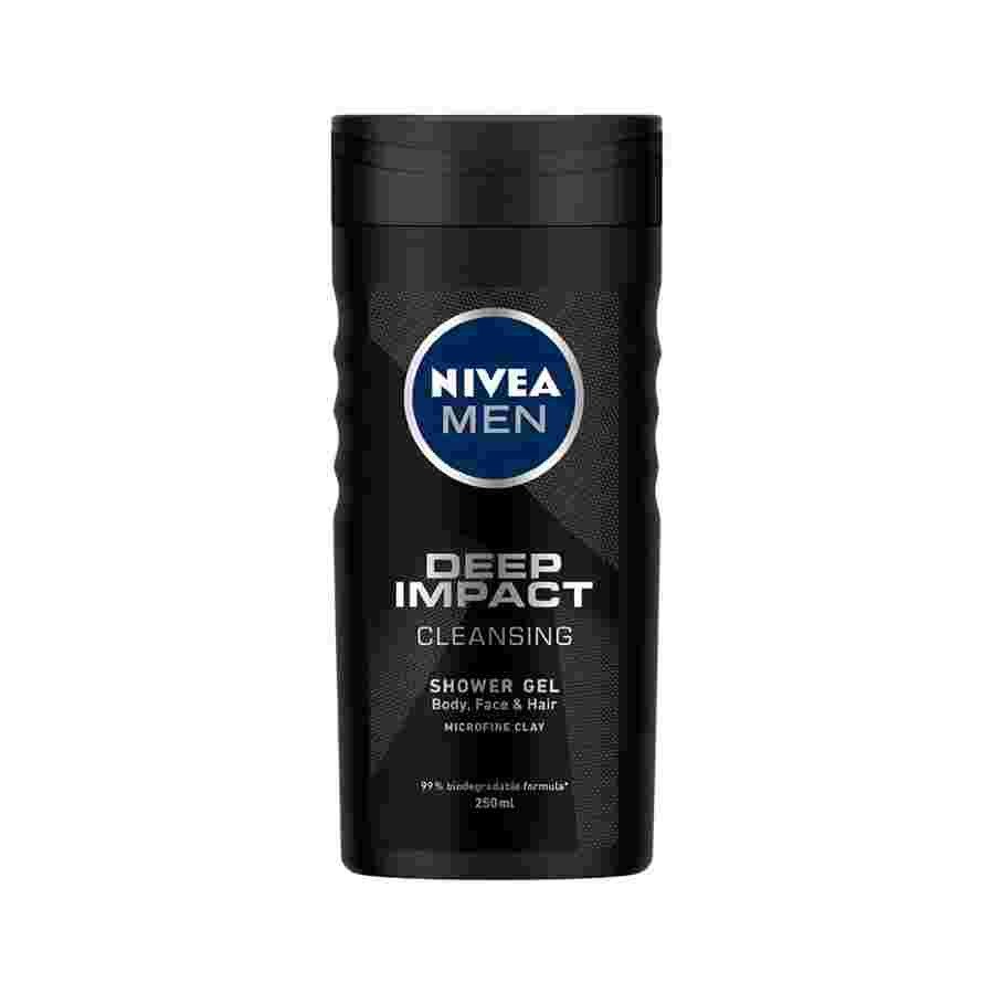 Nivea Men Body Wash, Deep Impact, 3 In 1 Shower Gel For Body, Face & Hair, With Microfine Clay, 250ml