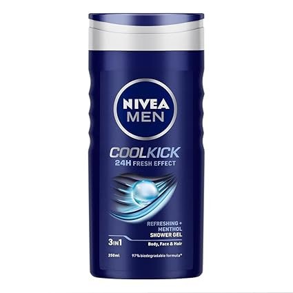 NIVEA Men Body Wash, Cool Kick with Refreshing Icy Menthol, Shower Gel for Body, Face & Hair, 250 ml