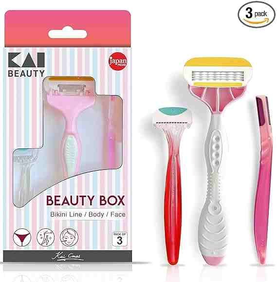 Kai Women Hair Removal Razor Beauty Box Kit, Body Razor, Face Razor, Bikini Razor, 3 pcs Multicolor
