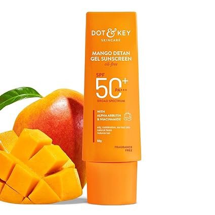 DOT & KEY Key Mango Detan Gel Sunscreen Spf 50+ Pa+++| Oil-Free, With Alpha-Arbutin & Niacinamide | Fades Dark Spots, Evens Skin Tone, Water Resistant | All Skin Types