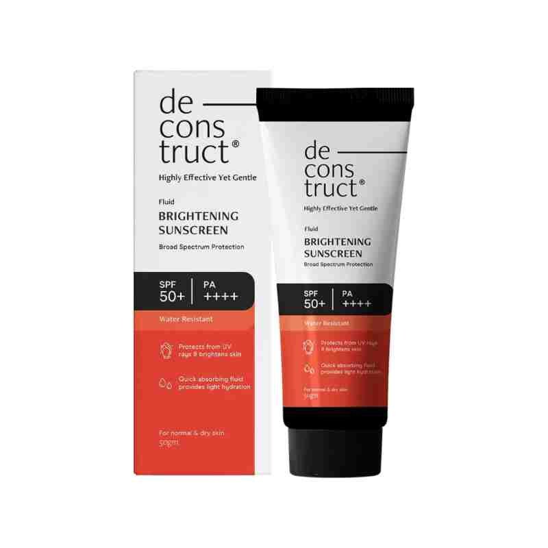 Deconstruct Brightening Sunscreen for Dry Skin with SPF 50+ | 8 hours Long Lasting Dewy Sunscreen | Water Resistant, No White Cast, Quick Absorbing | For Women and Men | 50gm