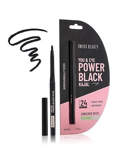 Swiss Beauty You & Eye Power Black Kajal | Waterproof & Smudge-Proof | 24 Hour Stay | Matte Finish Black Kajal | 0.30gm SB E11