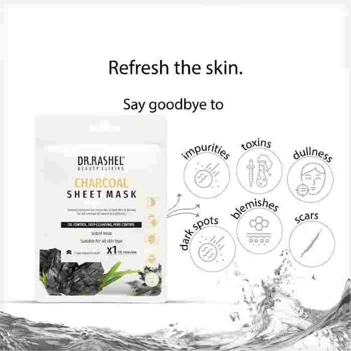 DR.RASHEL Charcoal Face Sheet Mask With Serum For Women And Men | All Skin Types | Soft And Healthy Skin | Deep Cleansing & Oil Control | Hydrating | Paraben Free -20g