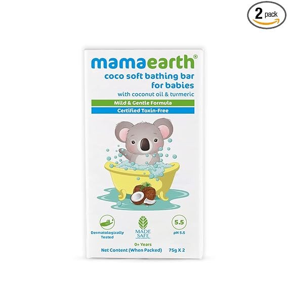 Mamaearth Coco Soft Bathing Bar for Babies, pH 5.5, with Coconut Oil & Turmeric - Pack of 2 * 75g