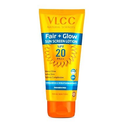 VLCC Fair + Glow Sun Screen Lotion Spf 20 PA++ | Brightening Formula Sunscreen | Zero White Cast SPF | Non-Greasy Sunscreen | With Ashwagandha, Carrot & Wheatgerm Extracts.