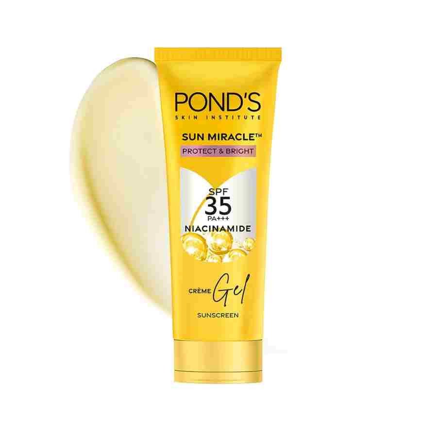 POND'S Sun Miracle Spf 35 Pa+++ Crème Gel Sunscreen For All Skin Types - Protect & Bright, With Niacinamide, Prevent & Fade Dark Patches, Lightweight, No White Cast 50G