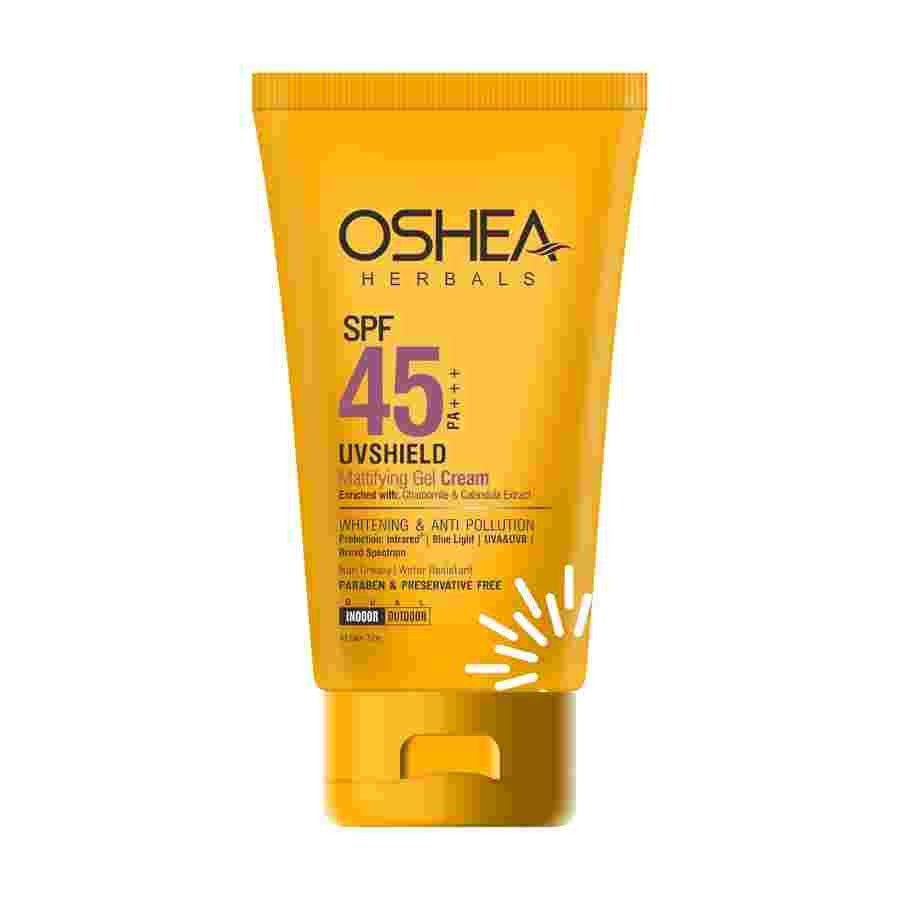 Oshea Herbals UVShield Mattifying Gel Sunscreen Cream SPF 45 PA +++ for All Skin Types | Non Greasy & Water Resistant | Blue Light, UVA & UVB Protection | Enriched with Chamomile Extract 60g